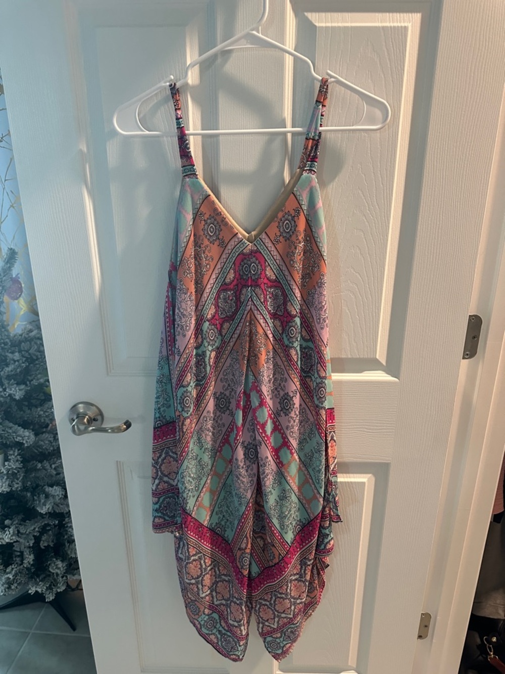 Bohemian V-Neck Spaghetti Strap Midi Dress in Teal & Coral